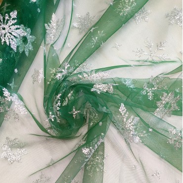 Фатин с снежинками зеленый цвет