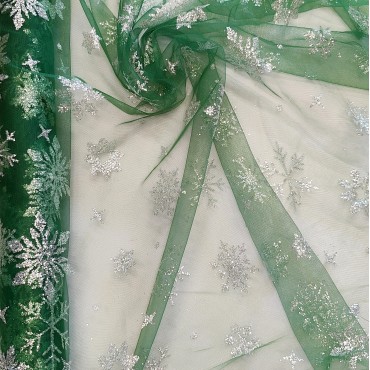 Фатин с снежинками зеленый цвет